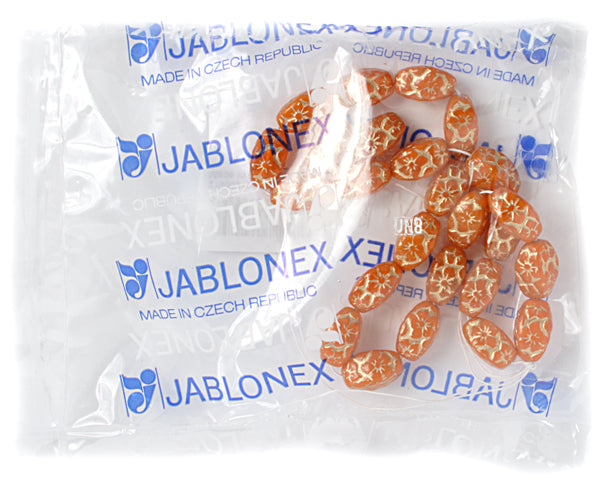 Glass Floral Oval Bead 15x12mm with Gold Details