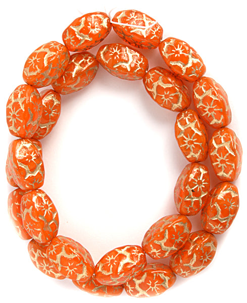 Glass Floral Oval Bead 15x12mm with Gold Details