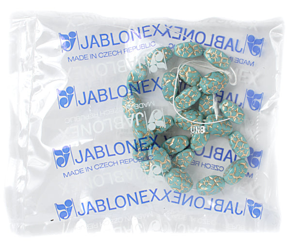 Glass Floral Oval Bead 15x12mm with Gold Details