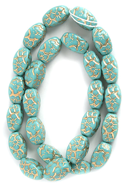 Glass Floral Oval Bead 15x12mm with Gold Details
