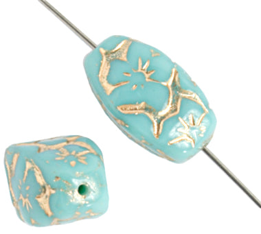 Glass Floral Oval Bead 15x12mm with Gold Details