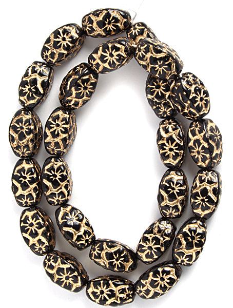 Glass Floral Oval Bead 15x12mm with Gold Details