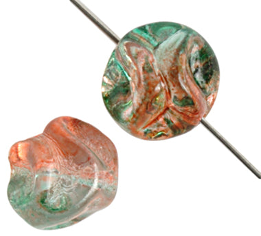 Glass Twisted 11mm Round Bead Strung Orange/Teal Green