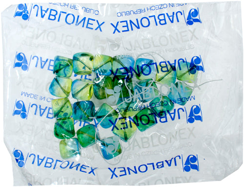 Glass Dimpled Cube 16mm Bead Strung Blue/Green/Yellow