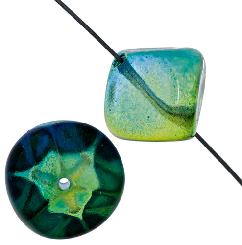 Glass Dimpled Cube 16mm Bead Strung Blue/Green/Yellow