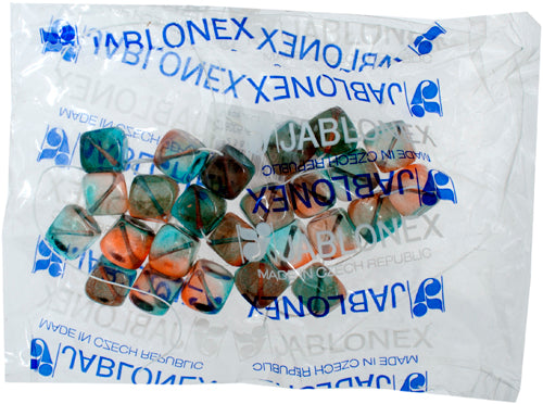 Glass Dimpled Cube 16mm Bead Strung Orange/Teal Green