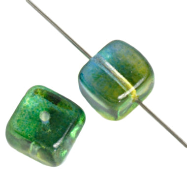 Glass Bead Cubes 8x11mm Strung Blue/Green/Yellow