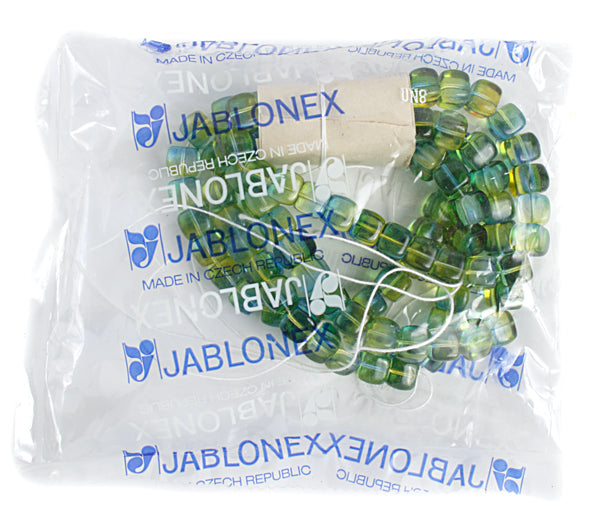 Glass Bead Cubes 8x11mm Strung Blue/Green/Yellow