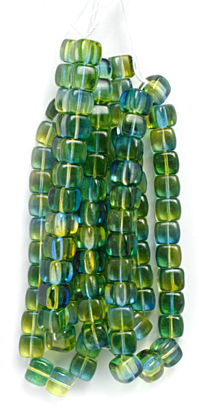 Glass Bead Cubes 8x11mm Strung Blue/Green/Yellow
