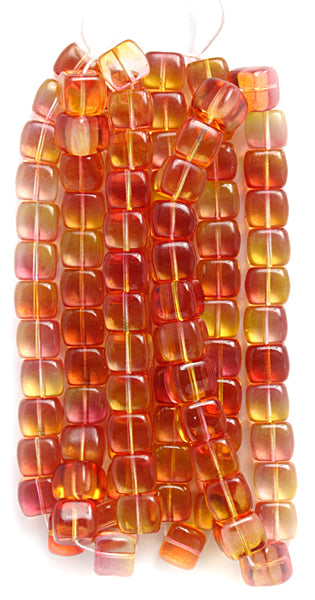 Glass Bead Cubes 8x11mm Strung Orange/Yellow/Pink