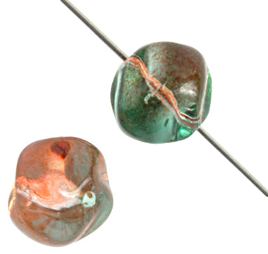 Glass Bead Baroque Round 10mm Strung Orange/Teal Green