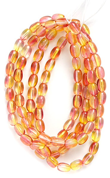 Glass Bead Oval 7x5mm Strung Orange/Yellow/Pink