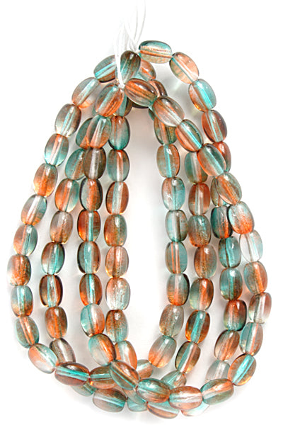 Glass Bead Oval 7x5mm Strung Orange/Teal Green