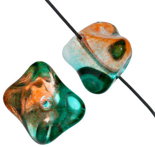 Glass Bead Fancy 11x15mm Strung Orange/Teal Green