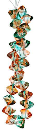 Glass Bead Fancy 11x15mm Strung Orange/Teal Green