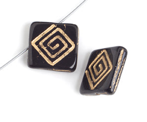 Glass Bead Flat Square 15mm Strung With Top Drill Black/Gold