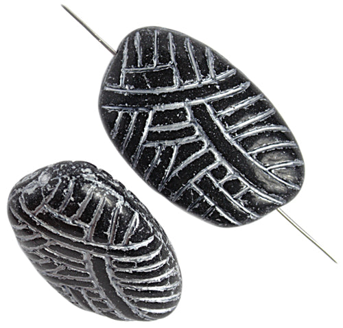 Glass Bead Irregular Oval 33x20mm Jet/Silver Painted