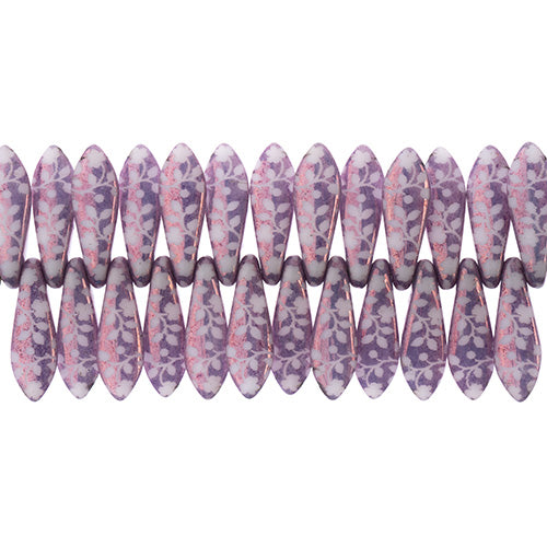 Czech Glass Dagger Bead Strand Laser Etched Design 5x16mm Lilac with White Flower Pattern