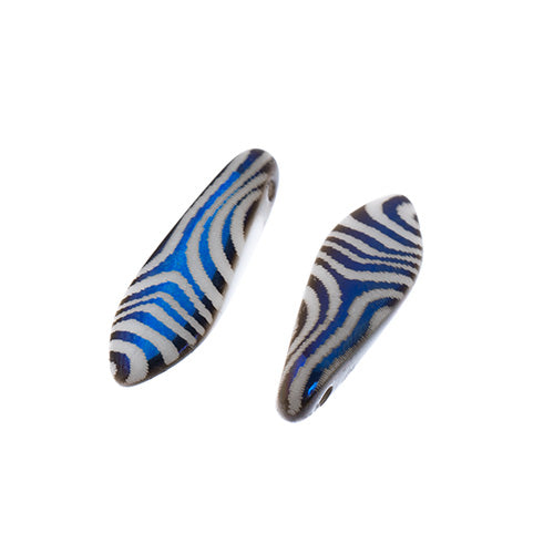 Czech Glass Dagger Bead Strand Laser Etched Design 4in 25pc 5x16mm White with Jet AB Swirl Pattern
