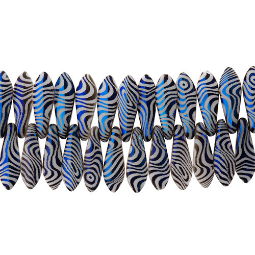 Czech Glass Dagger Bead Strand Laser Etched Design 4in 25pc 5x16mm White with Jet AB Swirl Pattern