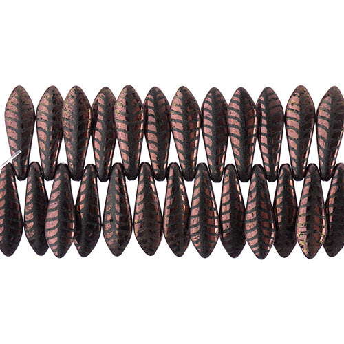 Czech Glass Dagger Bead Strand Laser Etched Design 4in 25pc 5x16mm Copper with Brown Leaf Pattern