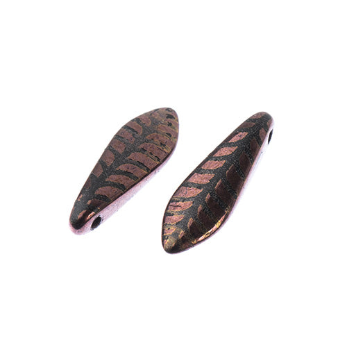 Czech Glass Dagger Bead Strand Laser Etched Design 4in 25pc 5x16mm Copper with Brown Leaf Pattern