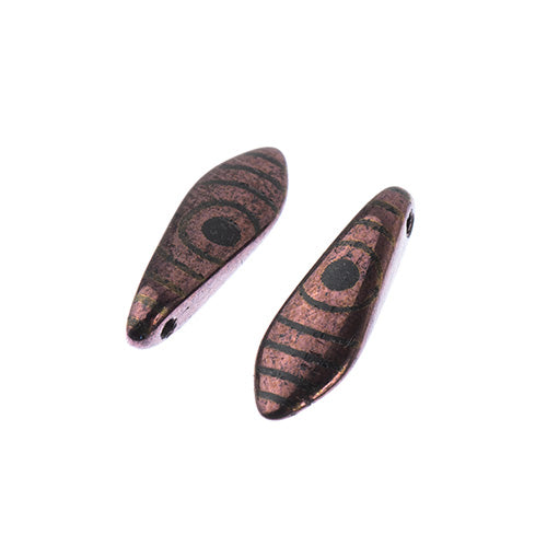 Czech Glass Dagger Bead Strand Laser Etched Design 4in 25pc 5x16mm Copper with Brown Circle Pattern