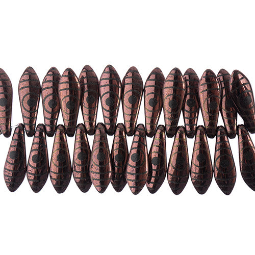 Czech Glass Dagger Bead Strand Laser Etched Design 4in 25pc 5x16mm Copper with Brown Circle Pattern