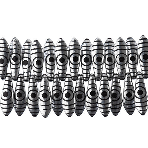 Czech Glass Dagger Bead Strand Laser Etched Design 4in 25pc 5x16mm Silver with Black Circle Pattern
