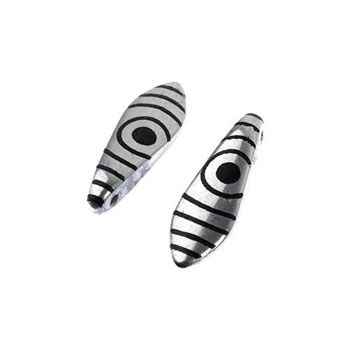 Czech Glass Dagger Bead Strand Laser Etched Design 4in 25pc 5x16mm Silver with Black Circle Pattern