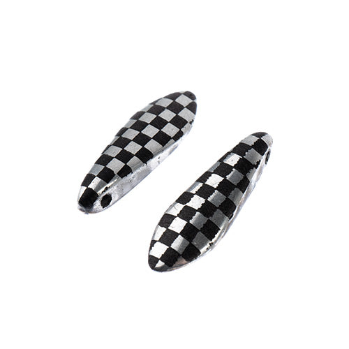 Czech Glass Dagger Bead Strand Laser Etched Design 4in 25pc 5x16mm Silver with Black Checker Pattern
