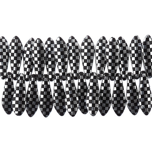 Czech Glass Dagger Bead Strand Laser Etched Design 4in 25pc 5x16mm Silver with Black Checker Pattern
