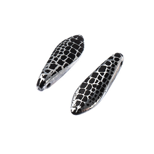 Czech Glass Dagger Bead Strand Laser Etched Design 4in 25pc 5x16mm Silver with Black Snake Pattern