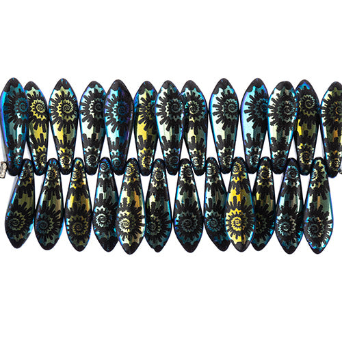 Czech Glass Dagger Bead Strand Laser Etched Design 4in 25pc 5x16mm Black w/ Jet AB Sun Swirl Pattern