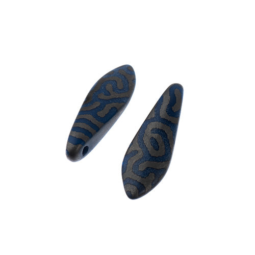 Czech Glass Dagger Bead Strand Laser Etched Design 4in 25pc 5x16mm Grey w/ Dark Blue Octagon Pattern