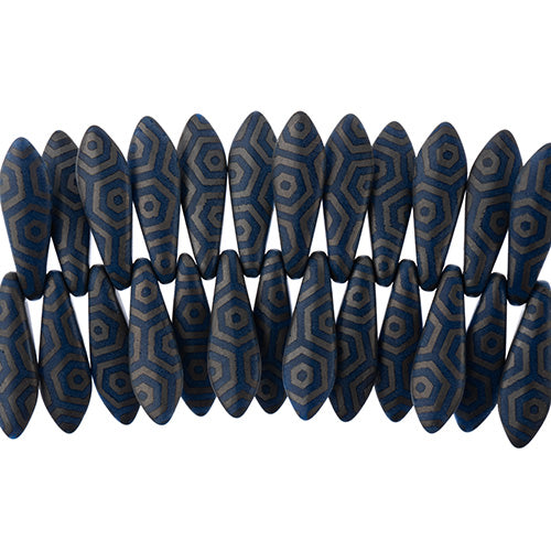 Czech Glass Dagger Bead Strand Laser Etched Design 4in 25pc 5x16mm Grey w/ Dark Blue Octagon Pattern
