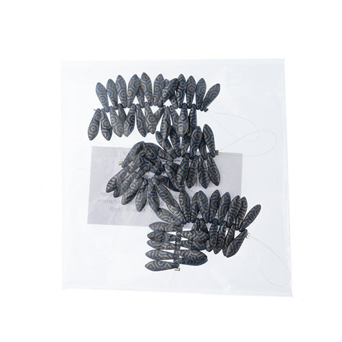 Czech Glass Dagger Bead Strand Laser Etched Design 4in 25pc 5x16mm Grey w/ Dark Blue Octagon Pattern