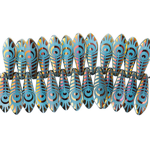 Czech Glass Dagger Bead Strand Laser Etched Design 4in 25pc 5x16mm Gold AB/Blue Peacock Pattern