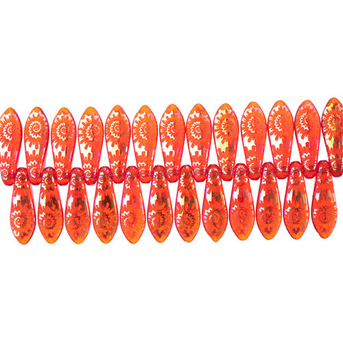 Czech Glass Dagger Bead Strand Laser Etched Design 4in 25pc 5x16mm Orange/ Orange AB Swirl Pattern