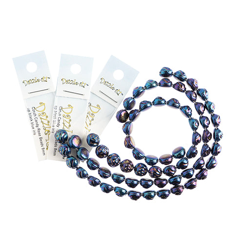 Czech Candy Rose Beads 2-Holes Black/Blue Iris