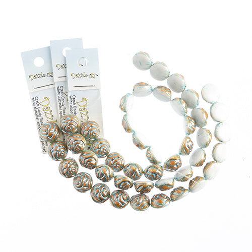 Czech Candy Rose Beads 2-Holes White Alabaster/Apricot w/Blue
