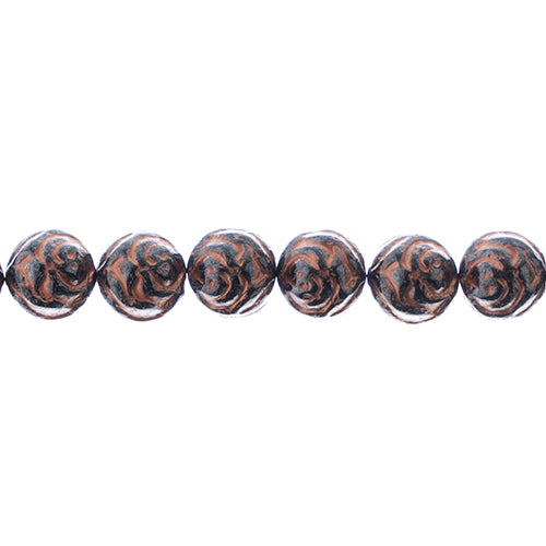 Czech Candy Rose Beads 2-Holes Black/White Luster w/Capri Copper