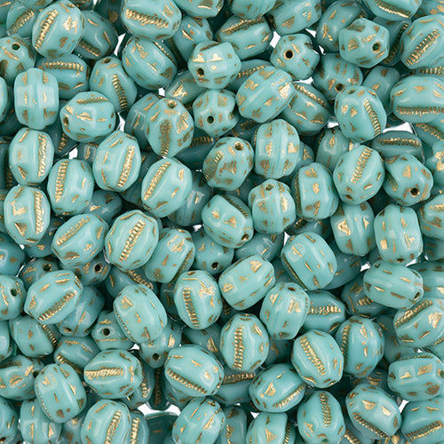 Glass Bead Oval 8x6.5mm Topaz/Turquoise/Gold Painted