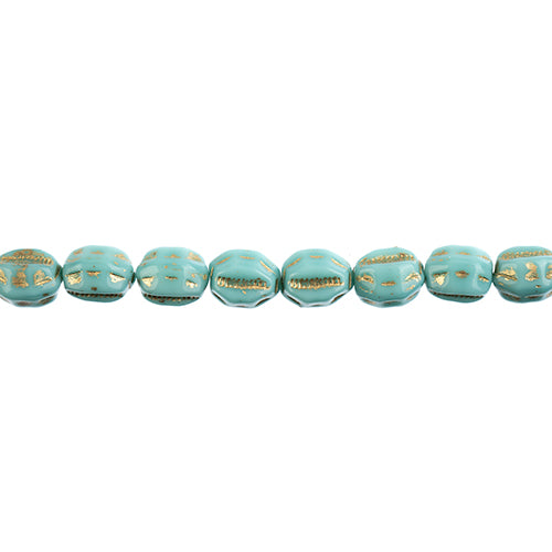Glass Bead Oval 8x6.5mm Topaz/Turquoise/Gold Painted