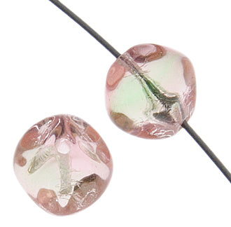 Glass Bead 9mm Dimpled Cube Pink-Green Peacock Strung