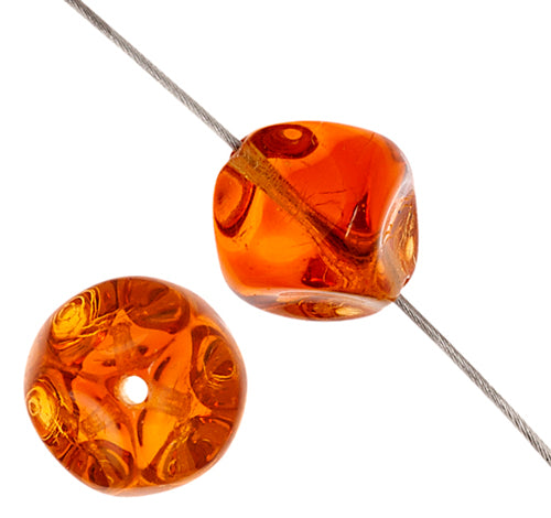Glass Bead 9mm Dimpled Cube Two-tone Amber Strung