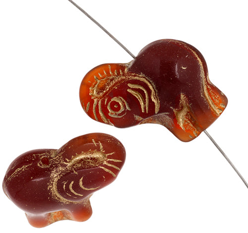 Glass Bead Elephant 20x21mm Carnelian/Gold Painted - Strung