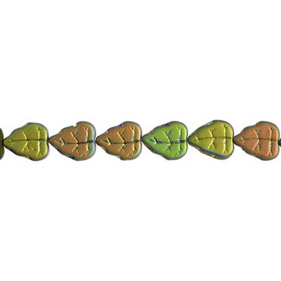 Glass Bead Leaves 10x8mm Green AB/Matte- Strung