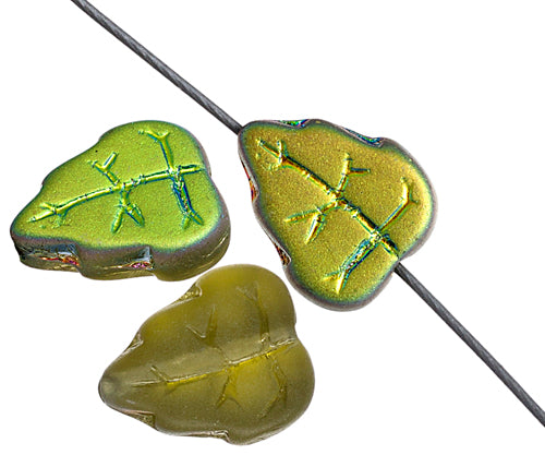 Glass Bead Leaves 10x8mm Green AB/Matte- Strung