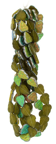 Glass Bead Leaves 10x8mm Green AB/Matte- Strung